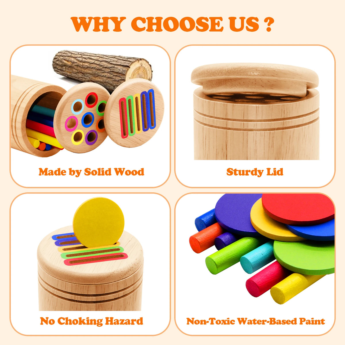 Montessori wooden color sorting set featuring a sturdy lid and non-toxic water-based paint for toddlers