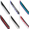 A collection of five wooden katana swords with various black, silver, and colored blades.