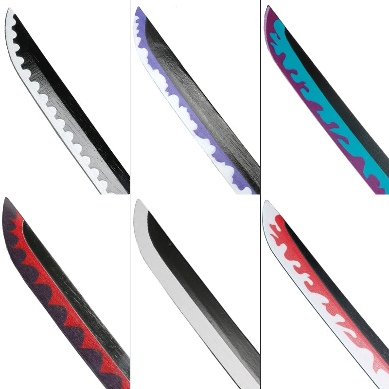 A collection of five wooden katana swords with various black, silver, and colored blades.