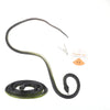 A realistic snake prank toy with a black and green body, string, and clip, shown coiled.