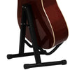 A black foldable metal guitar stand designed to hold acoustic, electric, and bass guitars.