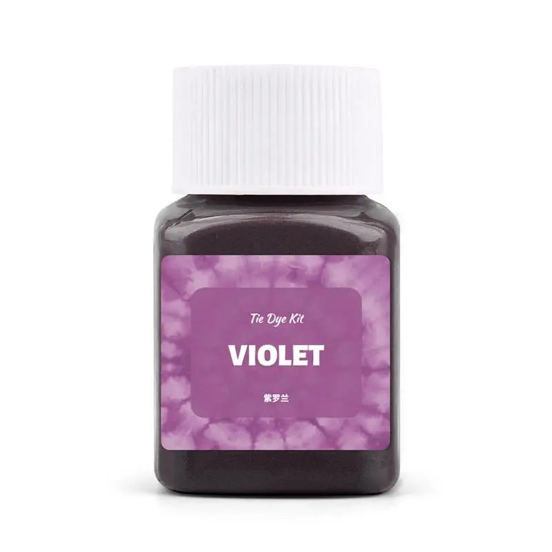 A dark purple textile fabric dye kit in a glass bottle with a white cap.