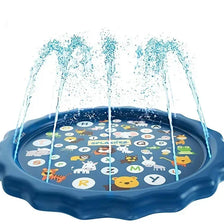 A blue alphabet splash pad with water fountains and letters for toddlers