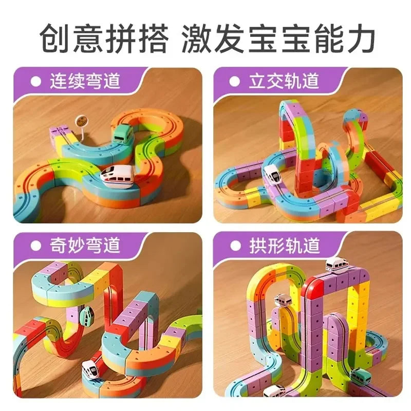Colorful track train set made of building blocks demonstrating safety features for educational play