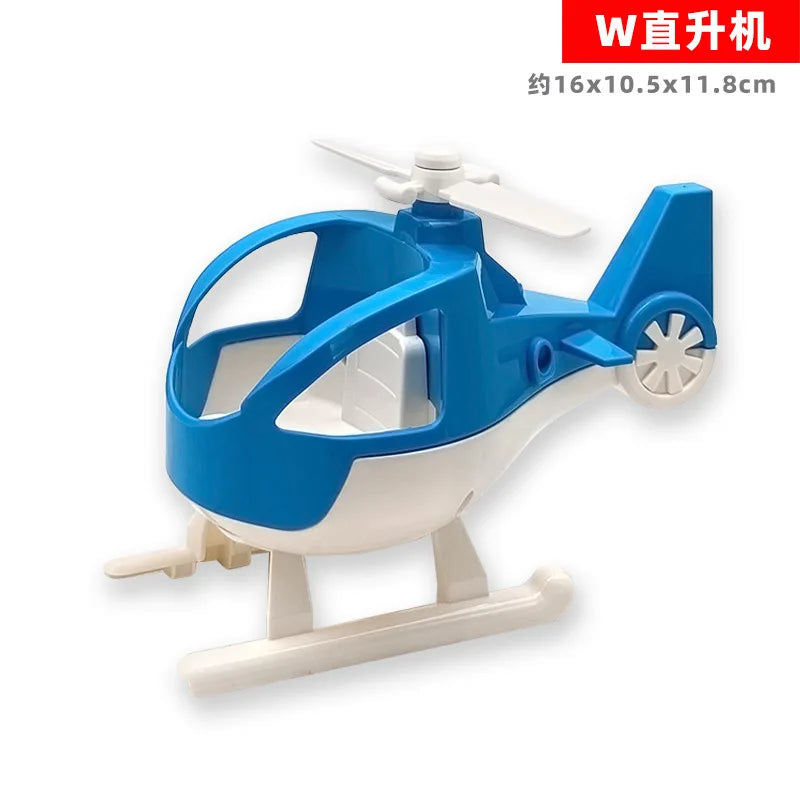 Blue and white city traffic building block set with vehicles and a trailer