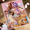 A colorful sticker sheet featuring a magical world scene with characters and architecture for DIY journals
