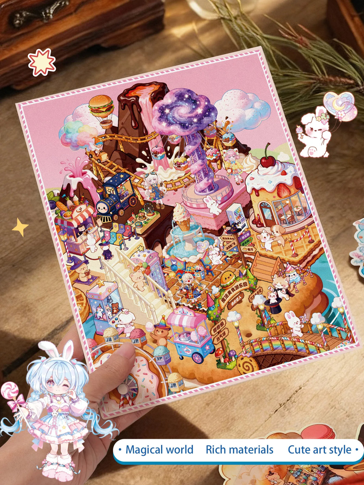A colorful sticker sheet featuring a magical world scene with characters and architecture for DIY journals