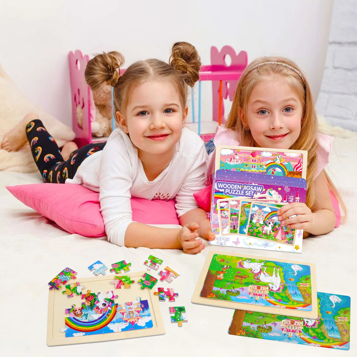 Two young girls smiling while holding and playing with wooden jigsaw puzzles.