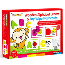 A box of Wooden Alphabet Letters & Dry Wipe Flashcards for learning the alphabet.