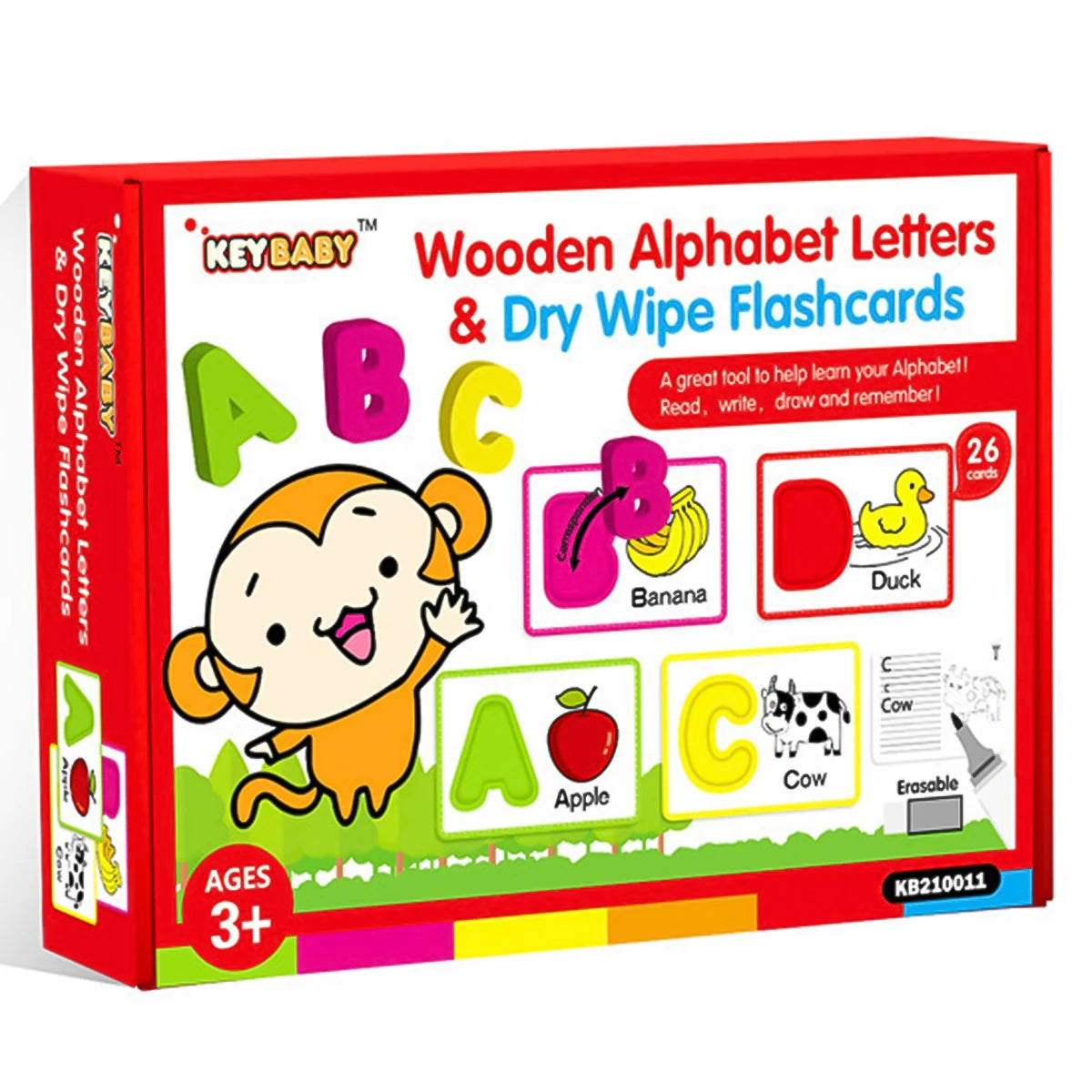A box of Wooden Alphabet Letters & Dry Wipe Flashcards for learning the alphabet.