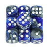 A set of ten 12mm mixed-color dice featuring blue and gray marbled surfaces with white dots.