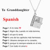 Silver engraved pendant necklace with a book design and Spanish text for a granddaughter