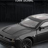 A black diecast model car of a Dodge Challenger SRT Hellcat is shown with a turn signal feature.