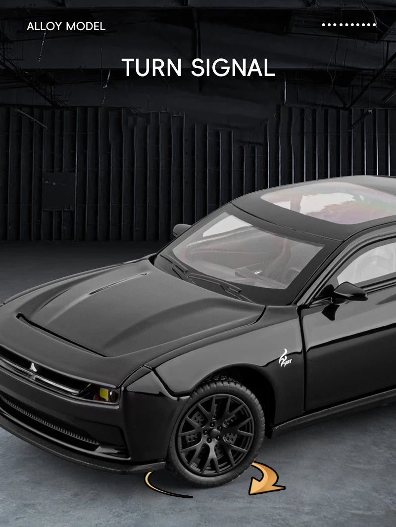 A black diecast model car of a Dodge Challenger SRT Hellcat is shown with a turn signal feature.