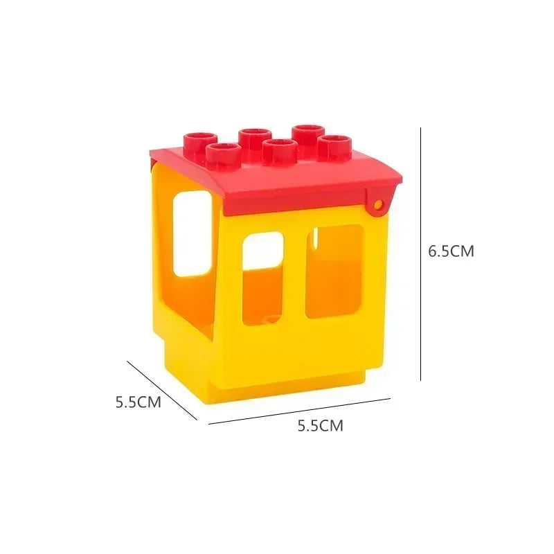 A yellow building block set shaped like a traffic vehicle with red roof and yellow walls.