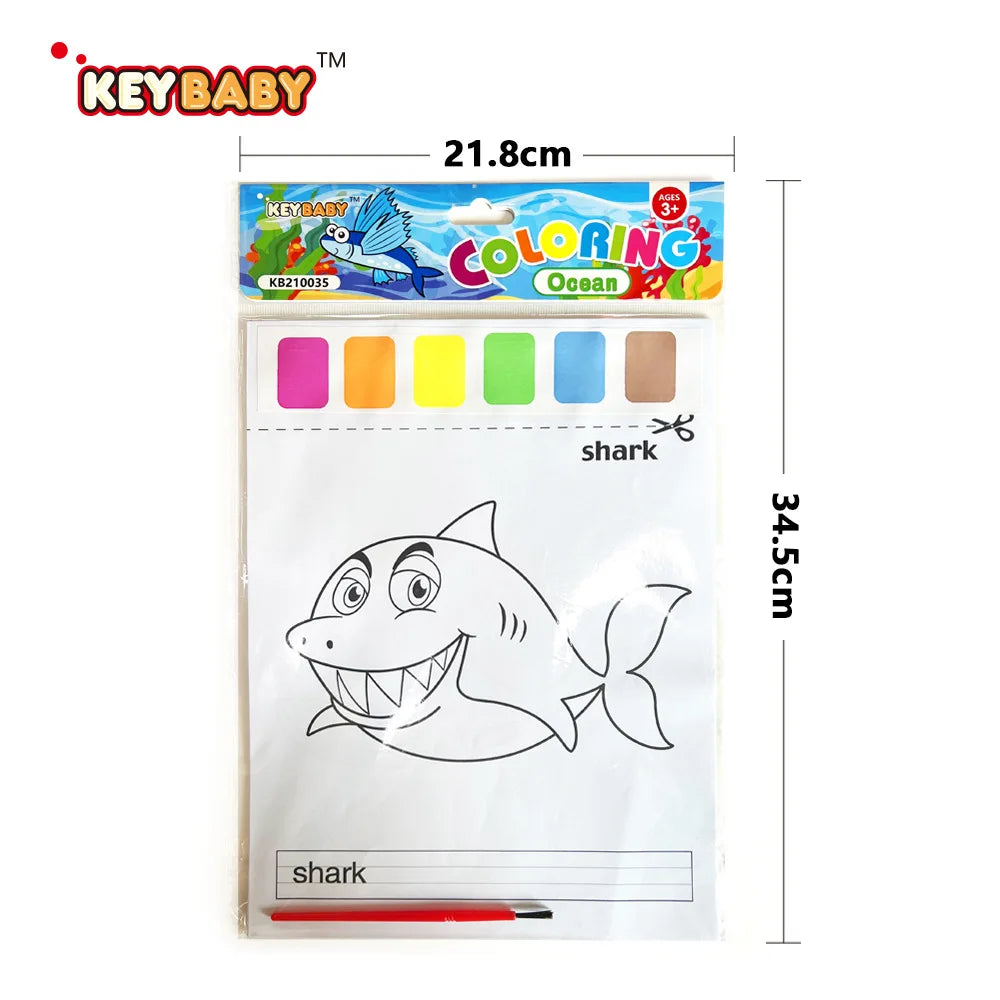 A package of Keybaby coloring sheets featuring a shark outline for children.
