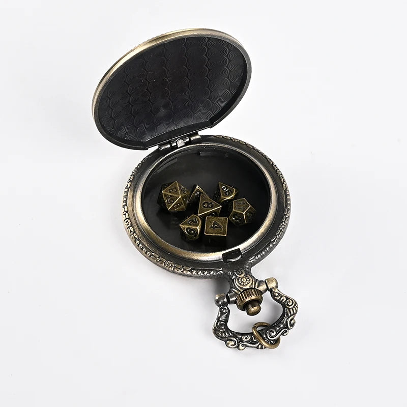 Vintage Metal Polyhedral Dice Set with Pocket Watch Case