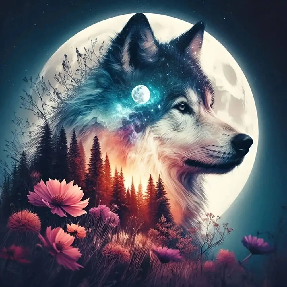 A majestic wolf's head silhouette against a bright full moon with a forest and pink flowers.