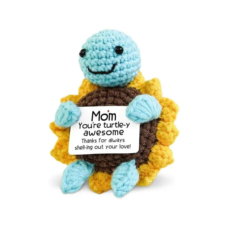 Handmade crochet turtle-y awesome mom doll with yellow and brown textured body