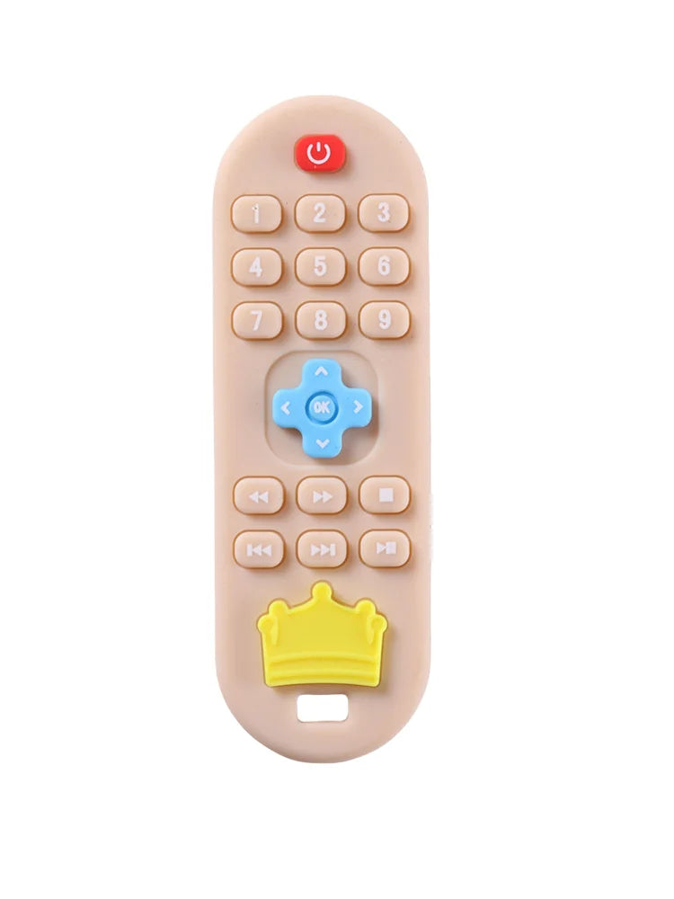 A beige silicone teething toy with buttons and a yellow crown.