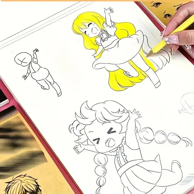 A page from an anime character line art drawing book showing simple outlines of characters for tracing and practice.
