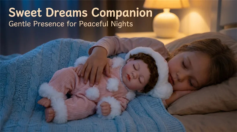 A sleeping baby doll wearing a pink and white fluffy winter romper is resting on a blue blanket in a soft, dimly lit bedroom.