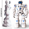 A white interactive programmable robot toy for kids shown in full body view with dimensions.
