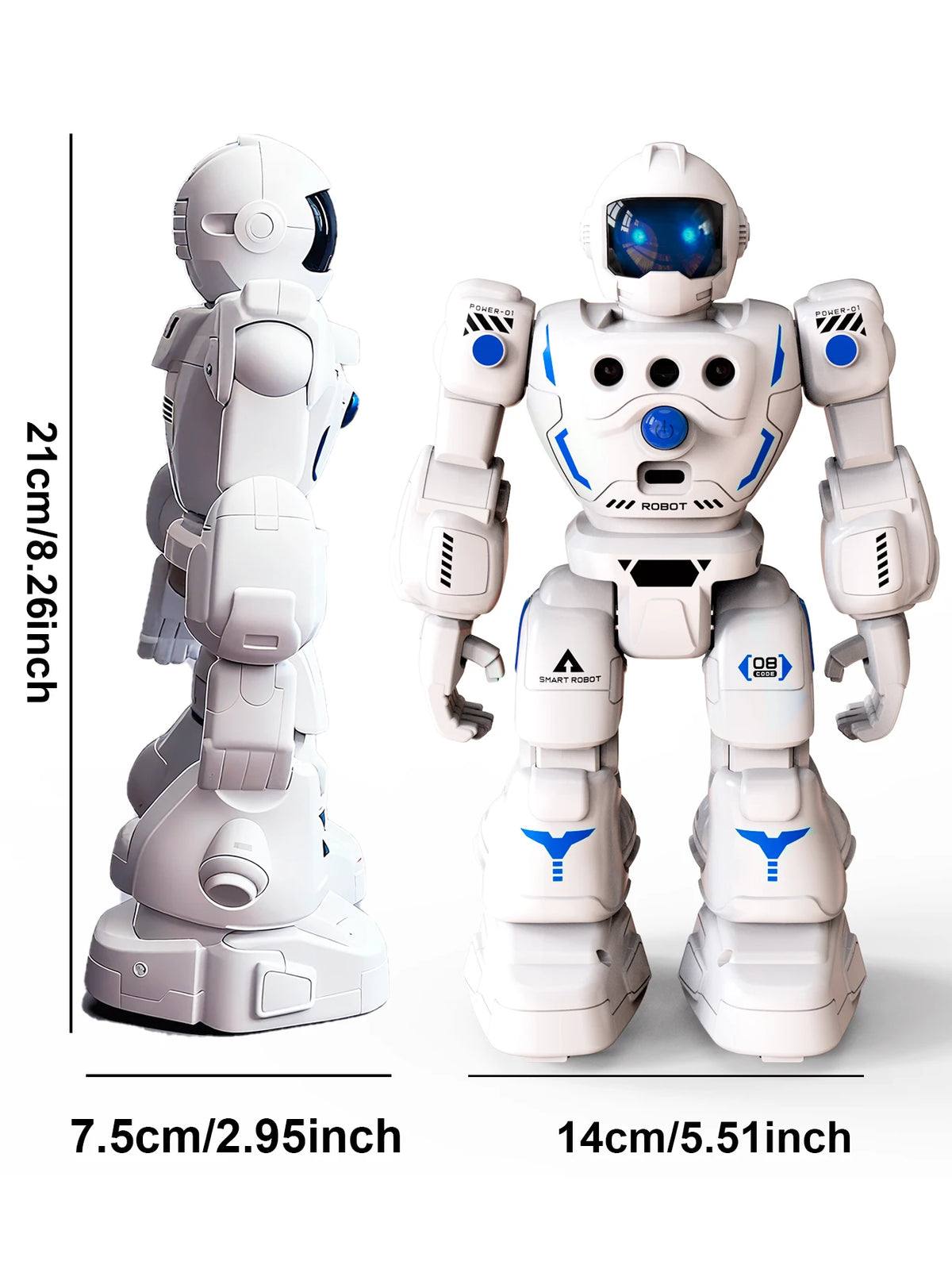 A white interactive programmable robot toy for kids shown in full body view with dimensions.