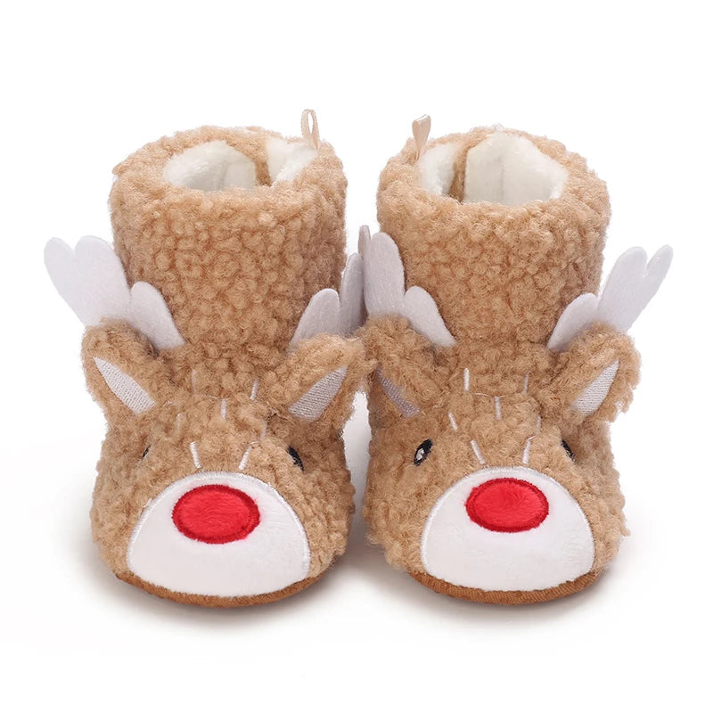 Pair of adorable animal-themed baby first walker shoes resembling foxes with fluffy brown fur and white accents