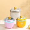 A set of colorful insulated stainless steel breakfast cups with lids in pink, light gray, and yellow.