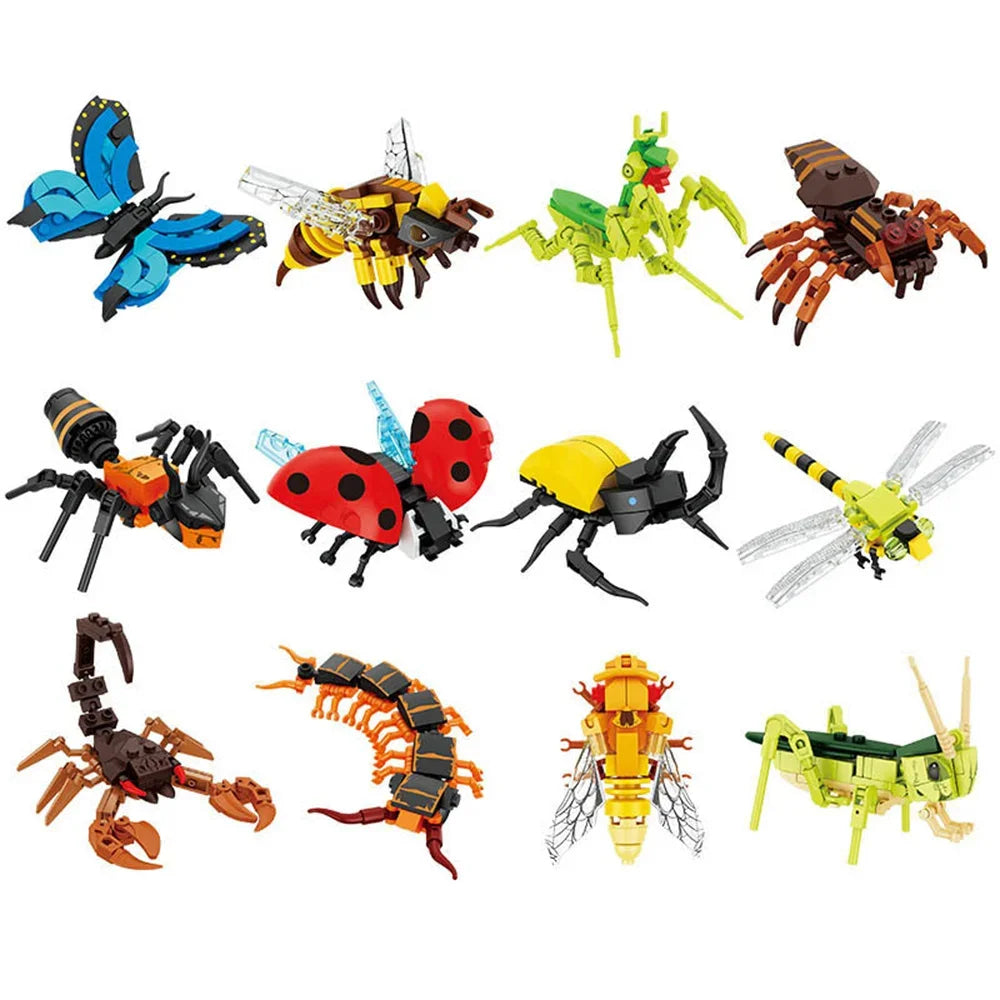 A collection of insect building blocks including a blue butterfly, yellow ant, green bee, brown wasp, and other insects.