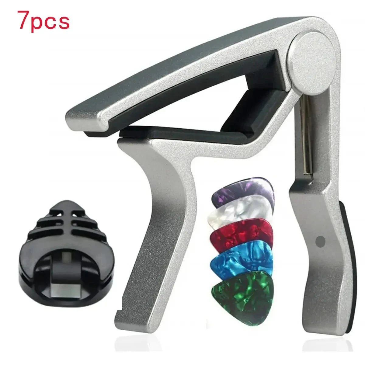 A silver guitar capo holder is shown with seven colored picks and a black pick holder.