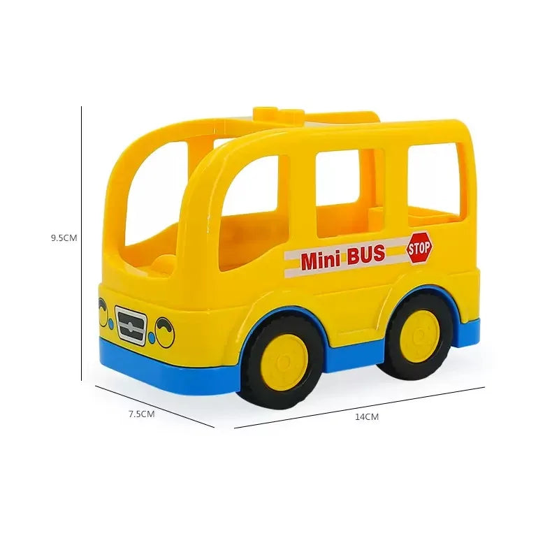Yellow mini bus building block toy vehicle with a stop sign detail.