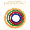 A circular knitting tool kit showing multiple colored knitting needles or hooks arranged in concentric circles.