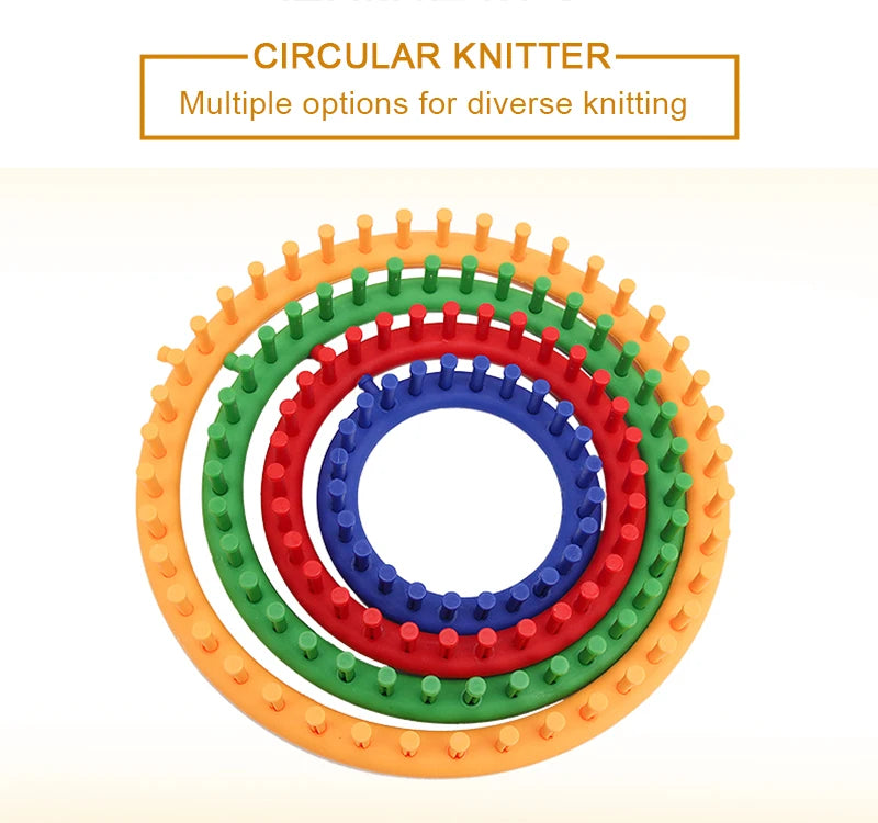 A circular knitting tool kit showing multiple colored knitting needles or hooks arranged in concentric circles.