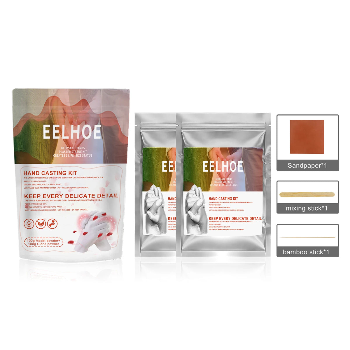 A set of EELHOE hand casting kits for creating 3D keepsakes, including plaster, mixing stick, and bamboo stick.