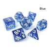 A set of seven blue polyhedral acrylic dice, including d12s and d20s, scattered on a white surface.