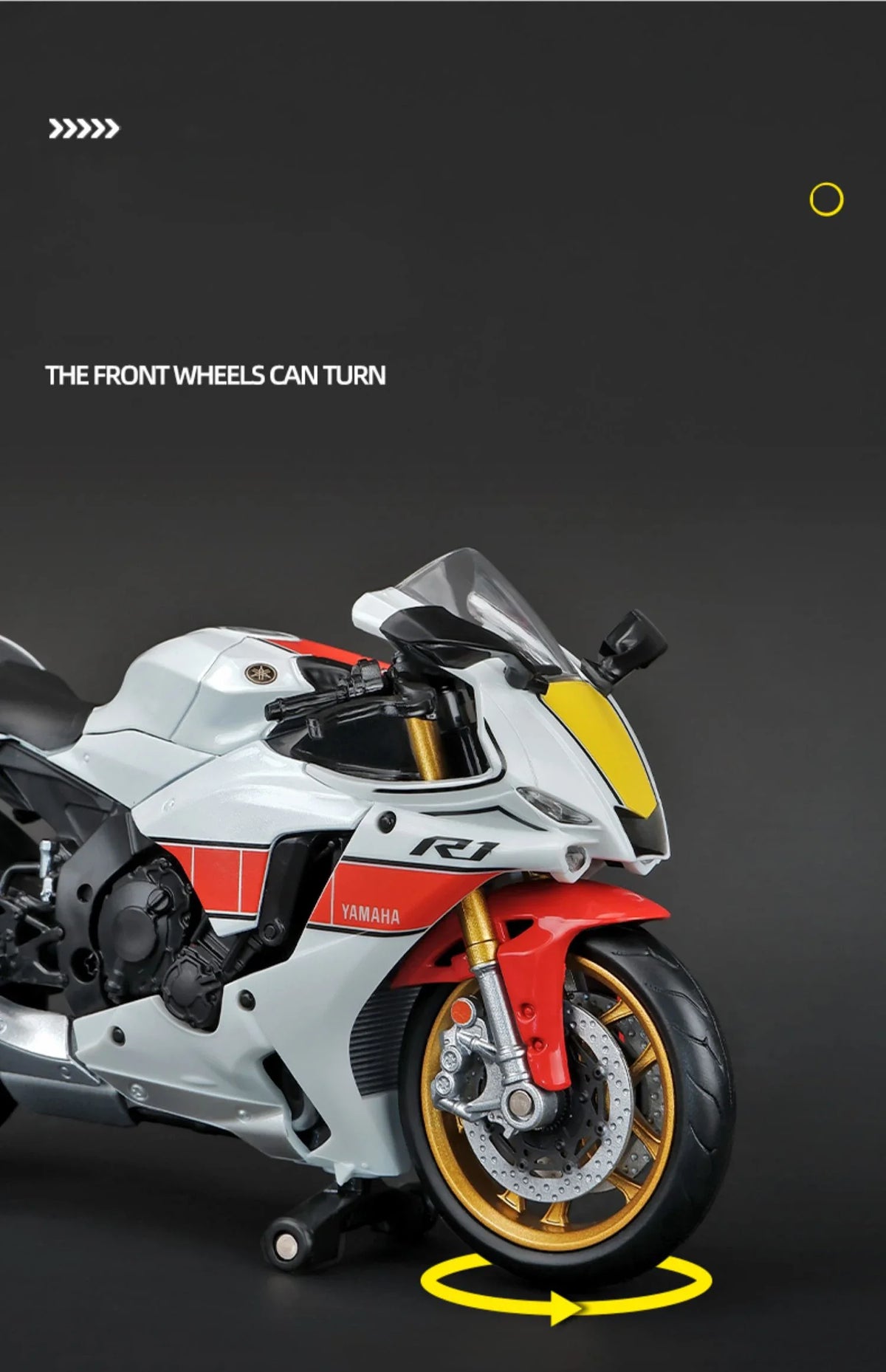 A white and red Yamaha YZF-R1 motorcycle model is shown from the side, with a yellow circle indicating the front wheels.