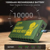 A green portable rechargeable battery pack labeled LEKATO providing power to 10 guitar pedals.