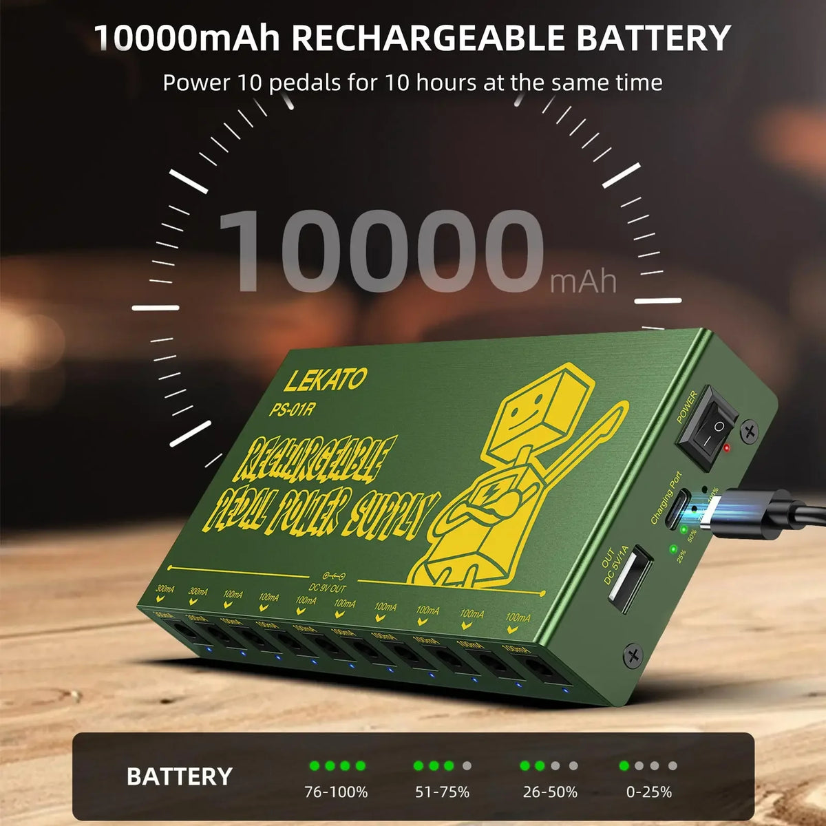 A green portable rechargeable battery pack labeled LEKATO providing power to 10 guitar pedals.