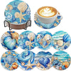 An 8-piece diamond painting coaster kit featuring various sea life and floral designs with a metal holder.