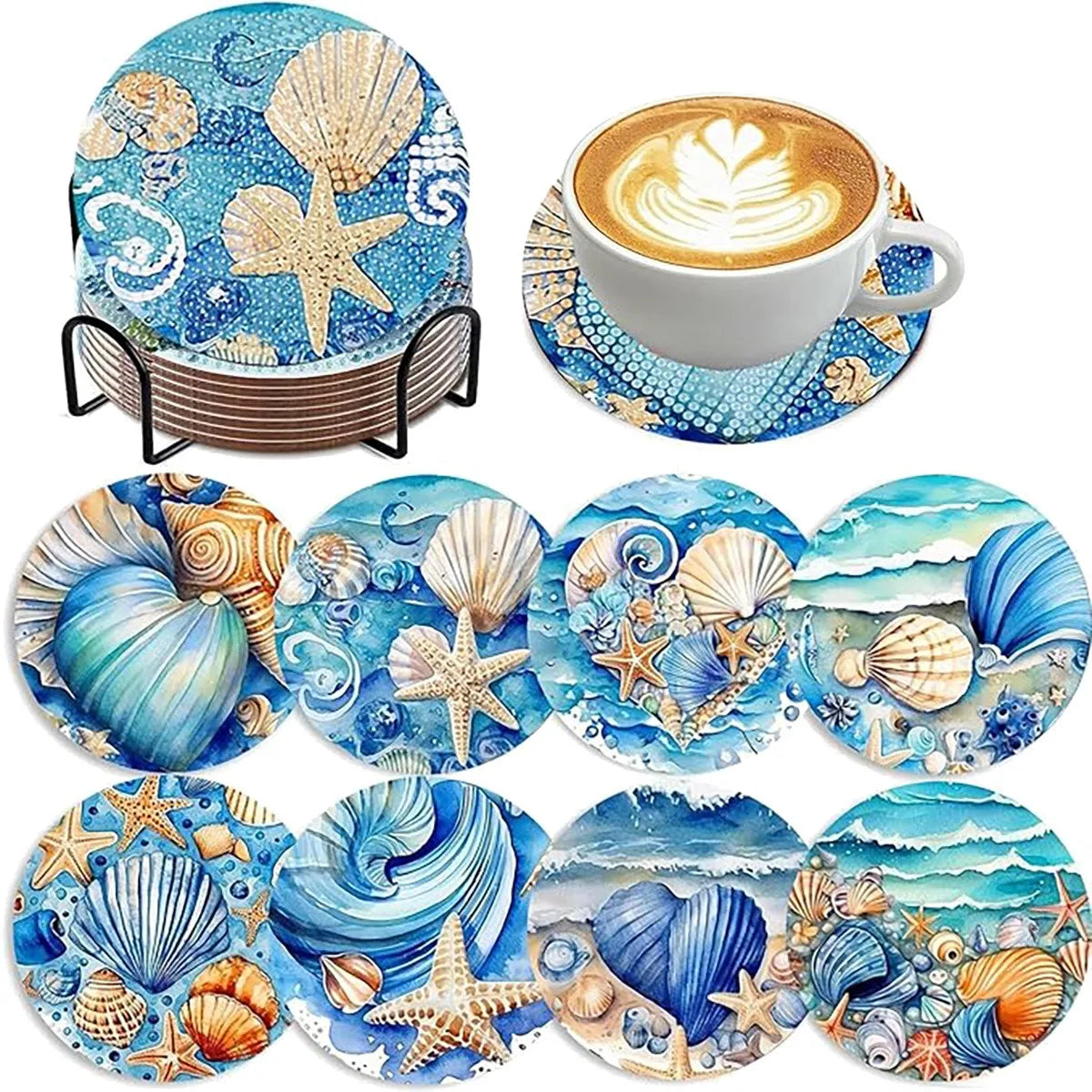 An 8-piece diamond painting coaster kit featuring various sea life and floral designs with a metal holder.