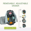 A gray canvas knitting tote bag with removable adjustable divider showing various yarn and tool storage pockets.