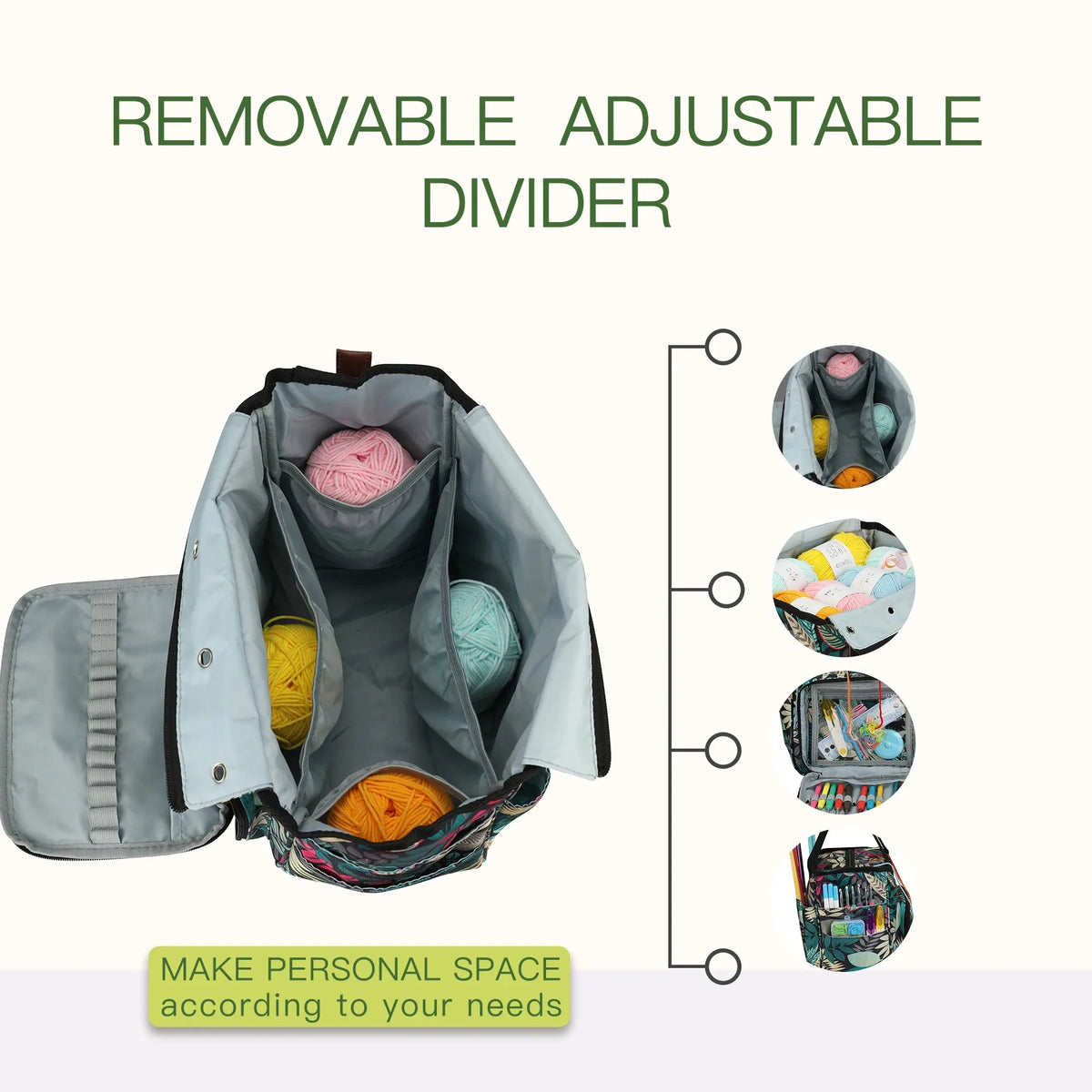 A gray canvas knitting tote bag with removable adjustable divider showing various yarn and tool storage pockets.