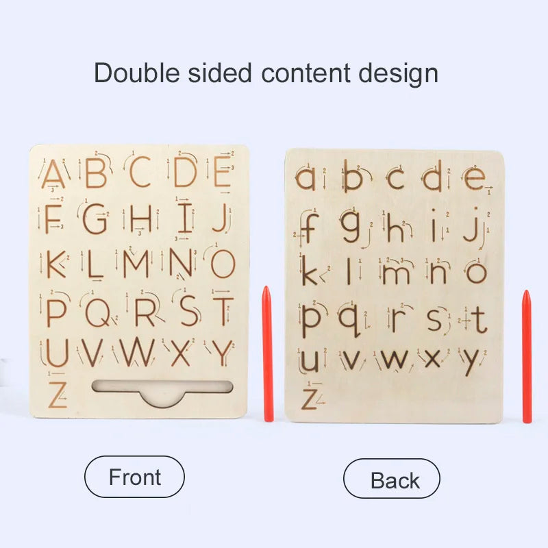 A pair of wooden letter tracing boards showing the front and back sides for early learning