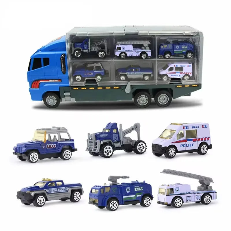 A diecast playset featuring ten construction vehicles including dump trucks and excavators in various colors.