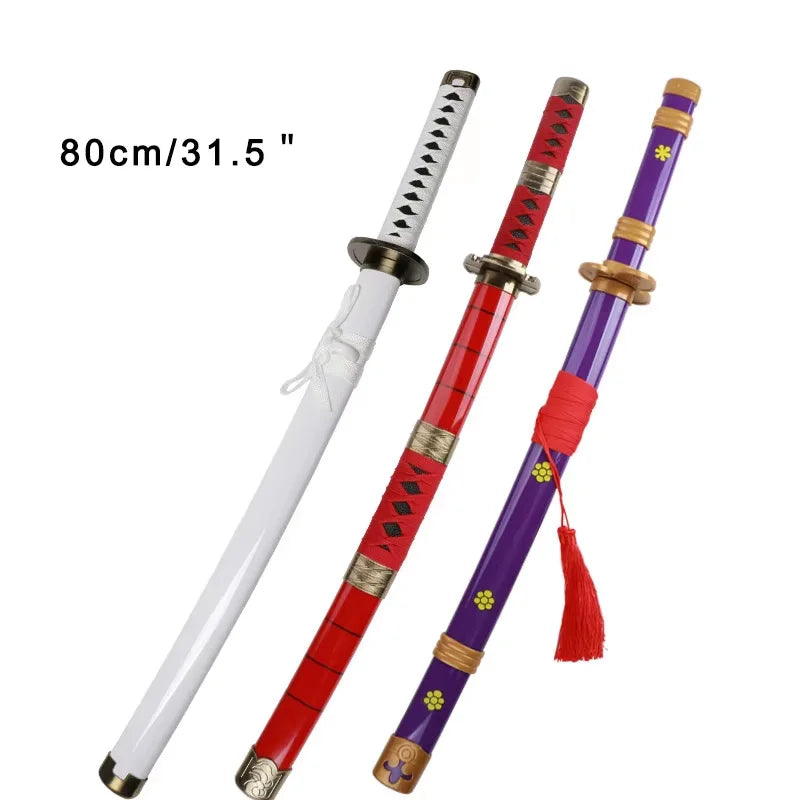 A wooden katana sword with a white blade and purple hilt featuring red accents for cosplay.