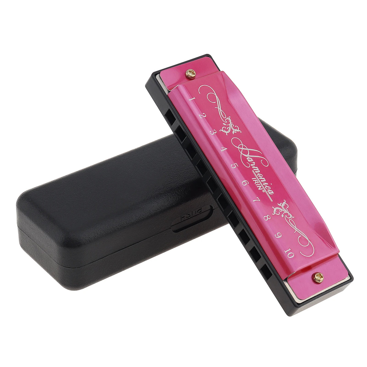 A pink 10-hole diatonic harmonica in C with a black carrying case.
