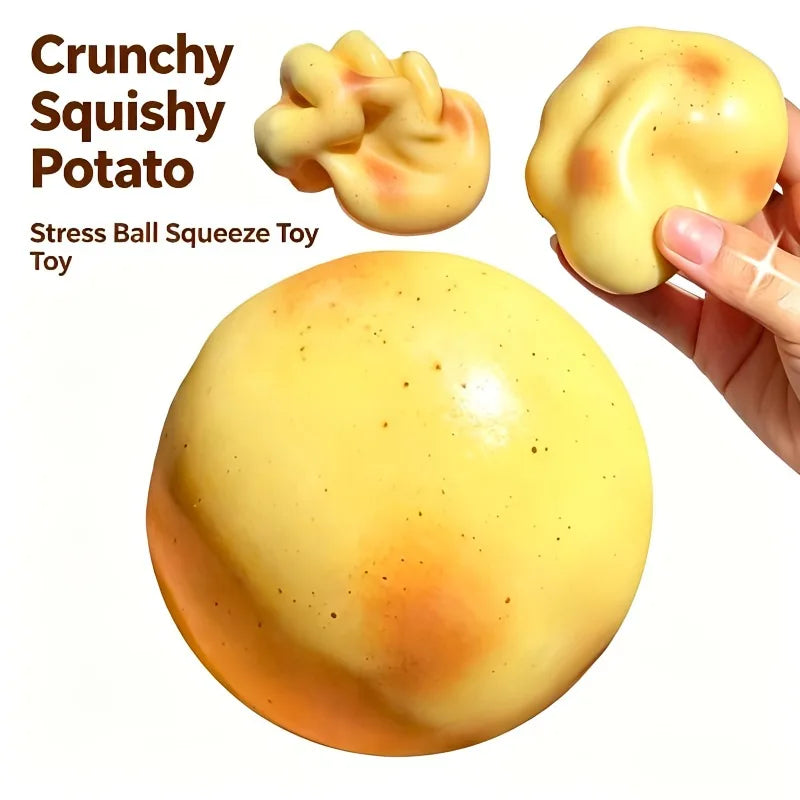 A yellow squishy potato stress ball toy shown in various forms and being squeezed by a hand.