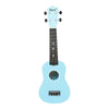 A light blue ukulele with a headstock and body, shown from the front.